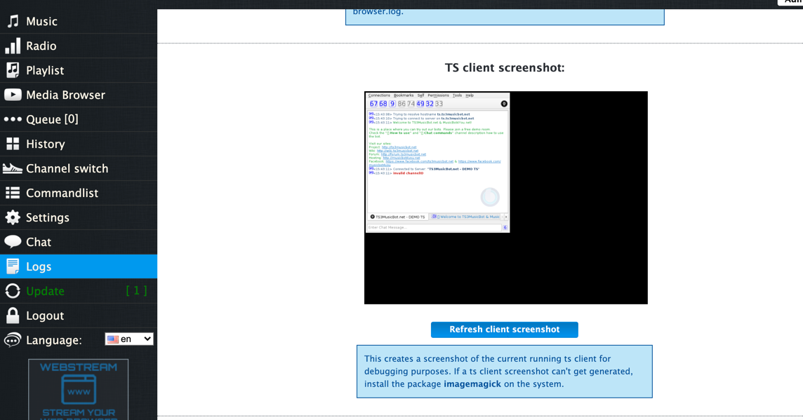 Webinterface -> Logs -> TS client screenshot Webinterface -> Logs -> TS client screenshot